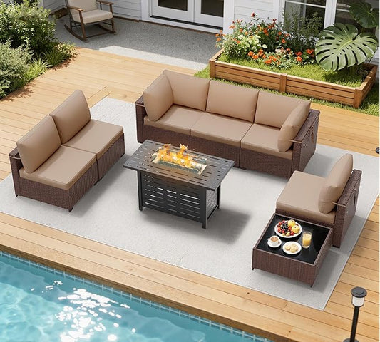 LOUVIXA 8 Piece Outdoor Patio Furniture Set, Outdoor Sectional Sofa with Firepit Table, Wicker Rattan Patio Furniture, Patio Conversation Set with Coffee Table & Cushions