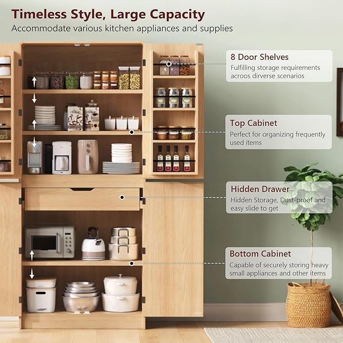Amposei 72’’ Tall Kitchen Pantry Cabinet with Drawer & Adjustable Shelves, Modern Cupboard Storage Cabinet for Living Utility Room, Natural