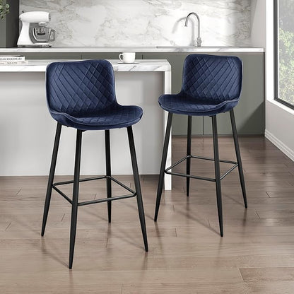 Lexicon Bar Stools Set of 2 - Bar Height Stools for Dining Room, Kitchen, Solid Padded Back, Tall, Black Metal Finish and Blue Velvet Cushion Seat, 29''SH
