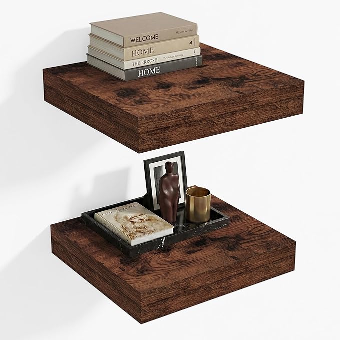 Heimlove 12 Inch Deep Floating Shelves, 12 x 12 inches Long Wall Shelf, Large Extra Display Shelf & Storage Shelf, Rustic Wood Wall Shelves for Fireplace Mantel, Brown - 2Pack