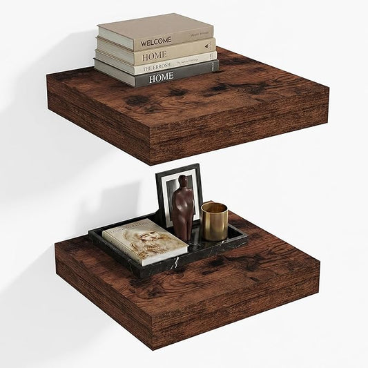 Heimlove 12 Inch Deep Floating Shelves, 12 x 12 inches Long Wall Shelf, Large Extra Display Shelf & Storage Shelf, Rustic Wood Wall Shelves for Fireplace Mantel, Brown - 2Pack