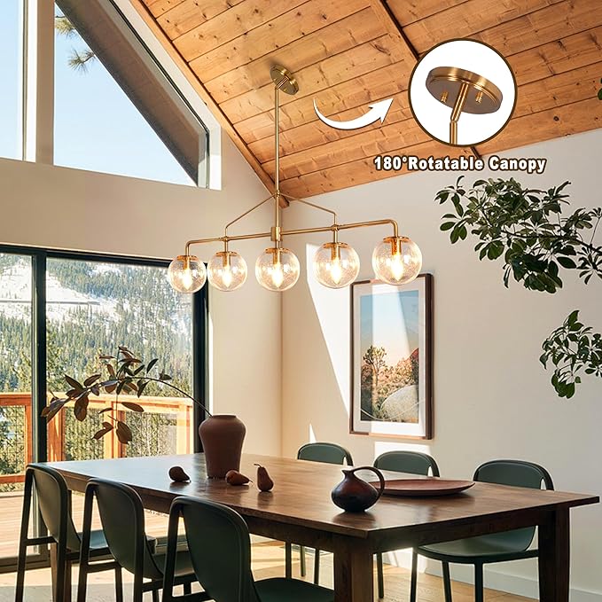 Modern Linear Chandelier Gold 5 Light Dining Room Linear Chandelier with Seeded Glass Globe 39 Inch Kitchen Island Pendant Light Electroplated Copper Finish for Farmhouse Living Room