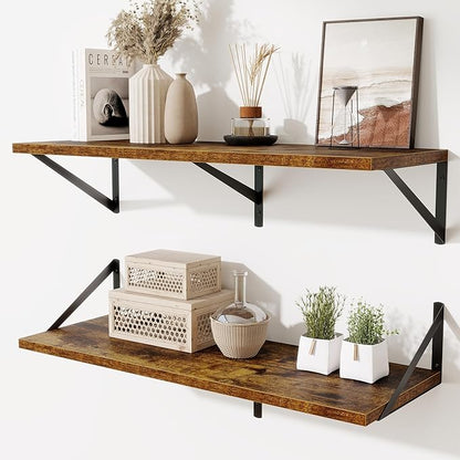 Acovy Floating Shelf for Wall,32" WX10 D Wood Floating Shelves with Sturdy Metal Bracket Set of 2,Wall Mounted Hanging Shelf for Bathroom,Bedroom,Kitchen,Rustic Brown