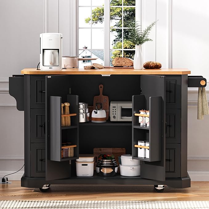 Ball & Cast 56" Large Kitchen Island with Drop Leaf and Power Outlet,Rolling Kitchen Cart on 4 Wheels W/ 6 Drawers,Folding Storage Dining Table W/Spice & Towel Rack,for Kitchen,Dining Room,Black