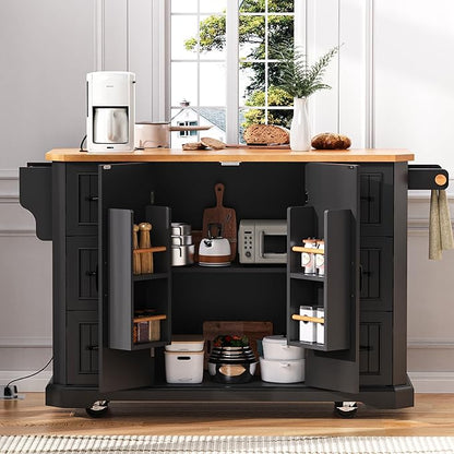 Ball & Cast 56" Large Kitchen Island with Drop Leaf and Power Outlet,Rolling Kitchen Cart on 4 Wheels W/ 6 Drawers,Folding Storage Dining Table W/Spice & Towel Rack,for Kitchen,Dining Room,Black