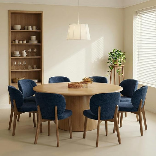 YOUNIKE Dining Chair with High Back Set of 8 Mid Century Modern Kitchen Chair Boucle Fabric Upholstered Armless Accent Chair 20" Wide Padded Seat with Wooden Legs for Living Room Bedroom Navy Blue