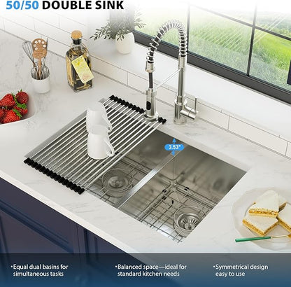 28 Inch Undermount Double Bowl Kitchen Sink 16 Gague 304 Stainless Steel Double Handmade Sinks 50/50 Large Deep Double Bowl Sinks 28"x19"x10"