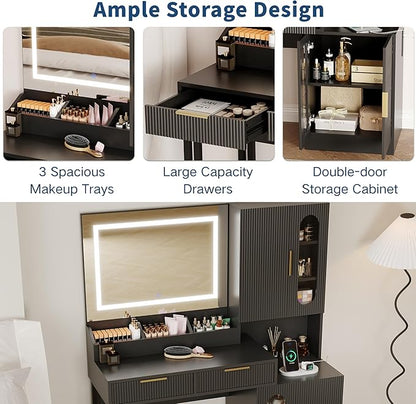 IDEALHOUSE Fluted Vanity Desk with Mirror and Lights, 45" Makeup Vanity with Large Cabinets, Drawers, Dressing Table with 3 Color Lighting Modes, Built-in Charging Station for Bedroom, Black