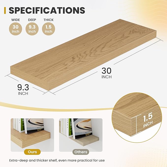 Acovy 30 Inch Floating Shelves, 9.3" Deep Floating Shelf Wall Mounted, 30" Wall Shelves, Rustic Deep Bookshelf, Large Display Shelves & Storage Shelves for Bedroom, Living Room, Oak, Set of 2