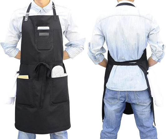 Black Cotton Kitchen Apron, Mens Womens Professional Cooking Bib Apron for Chef Grill BBQ, with Pockets Towel Loop and Adjustable Neck Strap