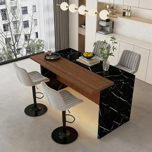 Kitchen Island Set with LED: 63" Black Marble Look Table & 4 Gray Stools - 3-in-1 Dine Prep Store Centerpiece for Open Concept Homes - Adjustable Mood Lighting & Grill Design