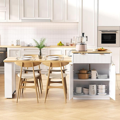 Modern Dining Table Expandable 82.6in Fluted Kitchen Island with, Power Outlet, Wood Console Table with Drawers for Living Room Dining Room Kitchen,White-MDF