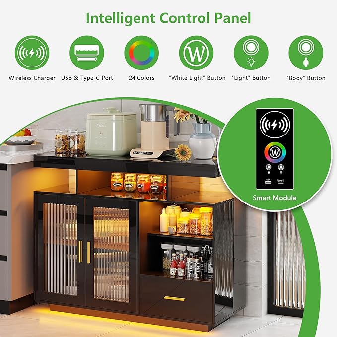 HNEBC LED Sideboard Buffet Cabinet with Charging Station, Smart Bar Cabinet with Auto RGB Lighted, High Gloss Coffee Bar with Drawer/Hutch for Living Room, Dining Room, Home Storager(Black)