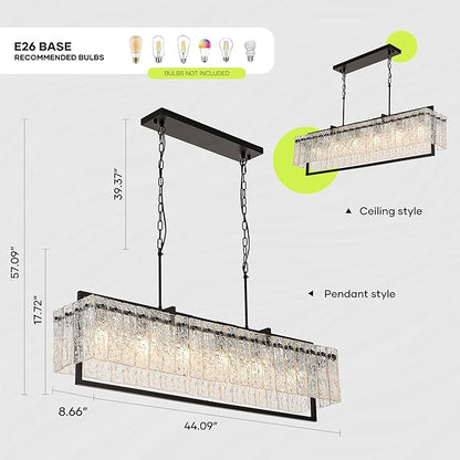 Modern Rectangle Black Crystal Chandeliers for Dining Room, 6 Lights 44" Large Rectangular Water Ripple Glass Kitchen Island Light Fixture, Linear Farmhouse Pendant Light Fixture Over Table