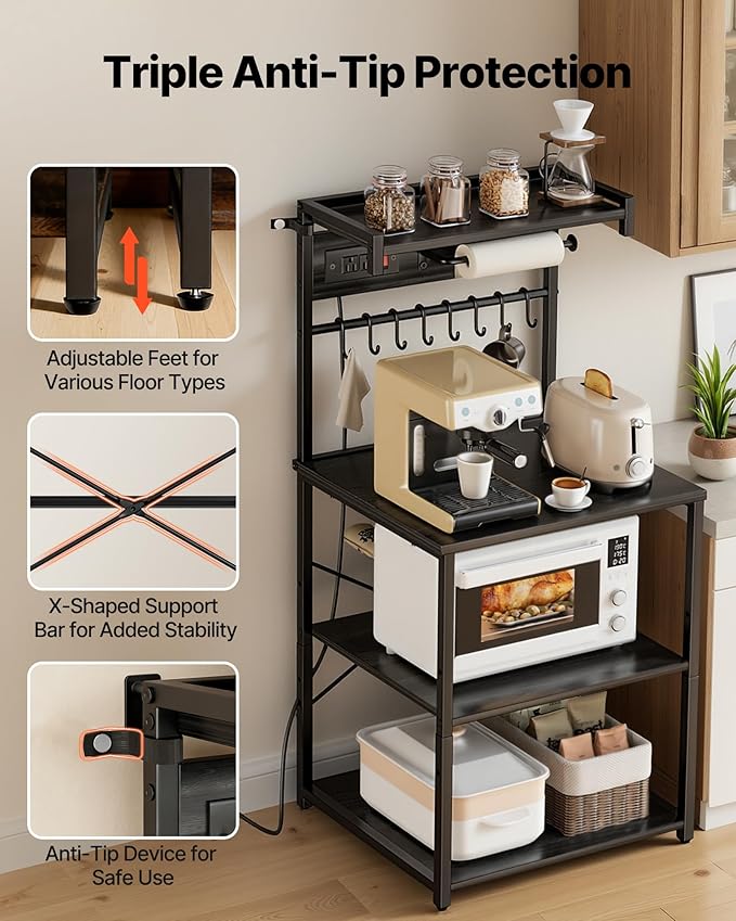 VEVOR Kitchen Bakers Rack with Power Outlets, 23.6 x 15.7 x 55.1 Inch Microwave Stand with Built-in Power Strip & 4.6 Ft Cord, 8 S-Shaped Hooks, for Dish Storage, Spice Jars, Coffee Bar Organization
