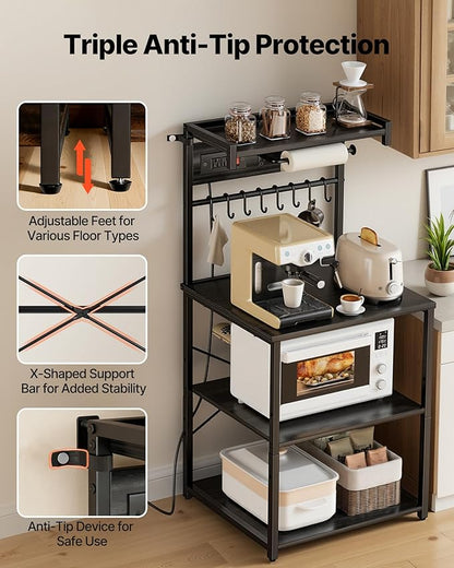 VEVOR Kitchen Bakers Rack with Power Outlets, 23.6 x 15.7 x 55.1 Inch Microwave Stand with Built-in Power Strip & 4.6 Ft Cord, 8 S-Shaped Hooks, for Dish Storage, Spice Jars, Coffee Bar Organization
