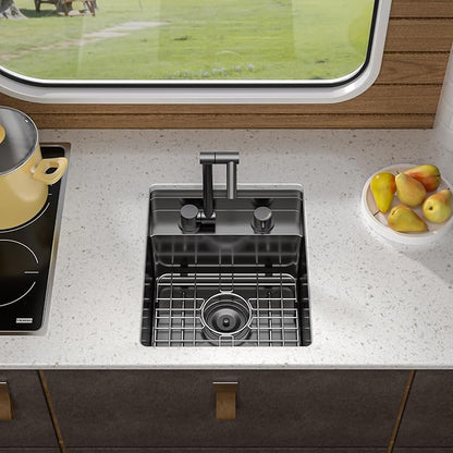 15 Inch Undermount RV Kitchen Sink Workstation - Fulorni 15"x17" Outdoor RV Mobile Camper Wet Bar Prep Sink Gunmetal Black NANO-PVD 16 Gauge 304 Stainless Steel Single Bowl Basin with Foldable Faucet