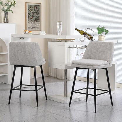 Counter Height Swivel Bar Stools Set of 2, 360° Swivel Upholstered Barstools with Back and Metal Legs, 25.6" Seat Height,Counter Stools for Kitchen Island and Pub,Linen Cloth