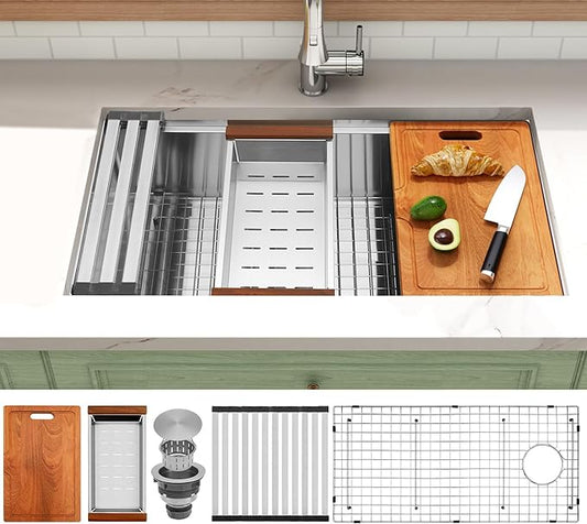 Undermount Kitchen Sink 32 inch,16 Gauge Stainless Steel Workstation Sinks,Large Single Bowl Kitchen Sink Offset Drain (32" X 18")