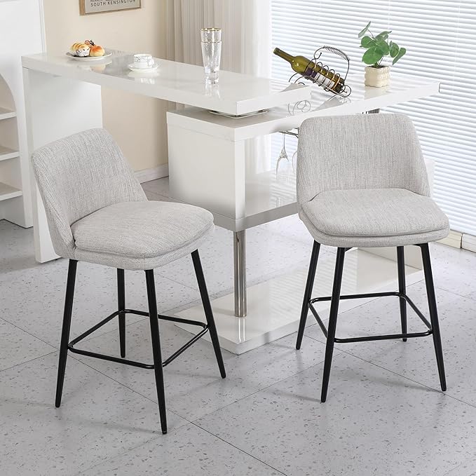 Counter Height Swivel Bar Stools Set of 2, 360° Swivel Upholstered Barstools with Back and Metal Legs, 25.6" Seat Height,Counter Stools for Kitchen Island and Pub,Linen Cloth