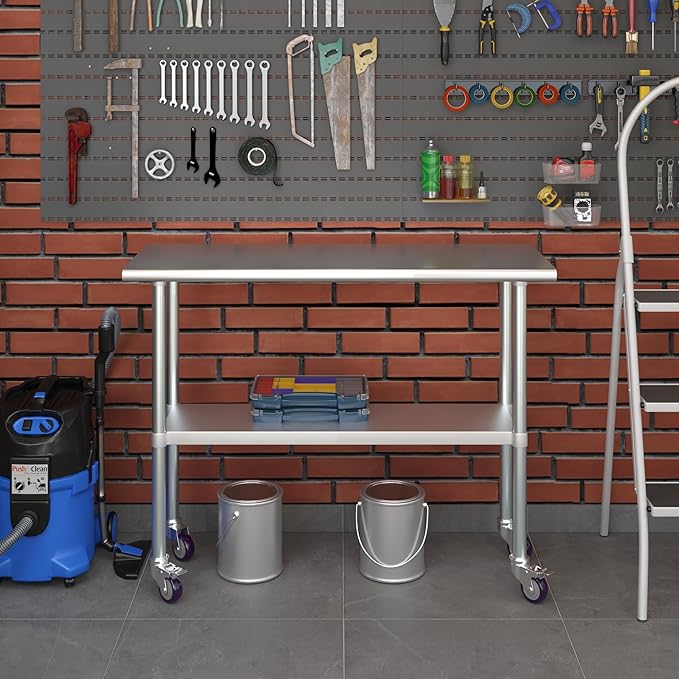 Stainless Steel Work Table with Wheels | NSF Kitchen Island Food Prep | Laundry Garage Utility Bench (Table + Wheels, 48" Long x 18" Deep)