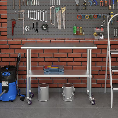 Stainless Steel Work Table with Wheels | NSF Kitchen Island Food Prep | Laundry Garage Utility Bench (Table + Wheels, 48" Long x 18" Deep)