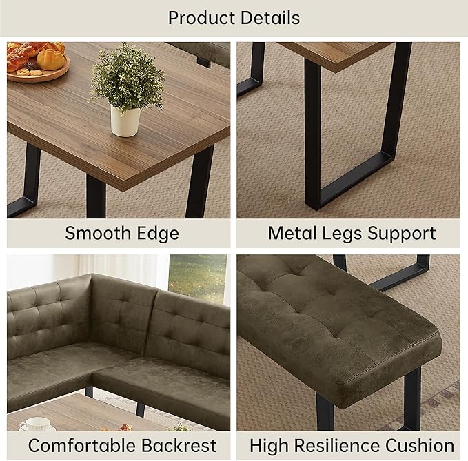 HIPIHOM 3-Piece Corner Dining Table Set with Bench, 70 Inch Space-Saving Breakfast Nook for Kitchen & Dining Room(Walnut Table+Right Seat Brown Bench)
