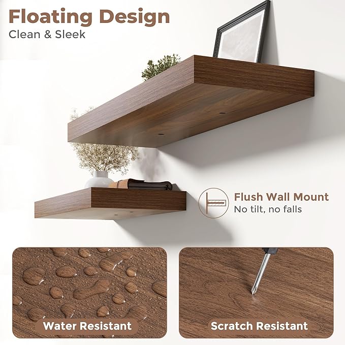 Marsmiles 12" Deep Floating Shelves for Wall with Invisible Brackets, Wall Mounted Engineered Wood Shelves with Wood Grain for Living Room, Bedroom, Kitchen Decor and Storage, 24" L Set of 2, Walnut