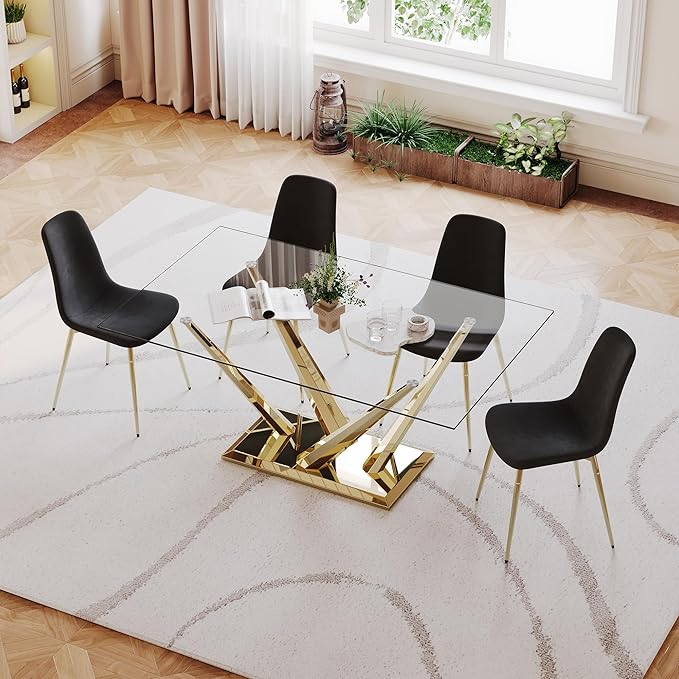 Luxury Gold Glass Dining Table for 4-6 Modern 63-Inch Rectangular Kitchen & Dining Room Table with Double V-Shape Stainless Steel Base Large Clear Glass Top Dining Table for Home Office