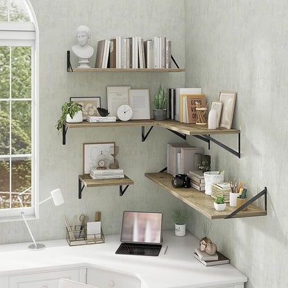 Acovy Deep Floating Shelves Wall Mounted, 24"x12" Gray Wall Shelves with Brackets Set of 2 for Bedroom, Living Room, Bathroom, Kitchen, Office - Storage & Display Shelf for Decor, Books, Plants