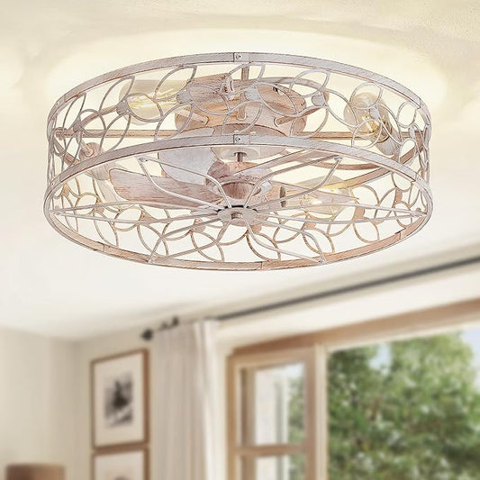 LEDIARY 23 Inch Caged Ceiling Fans with Lights, White Flush Mount Ceiling Fan with Remote&App, Large Low Profile Bladeless Ceiling Fan Light Fixture for Bedroom, Kitchen, Dining Room-White Gold Color