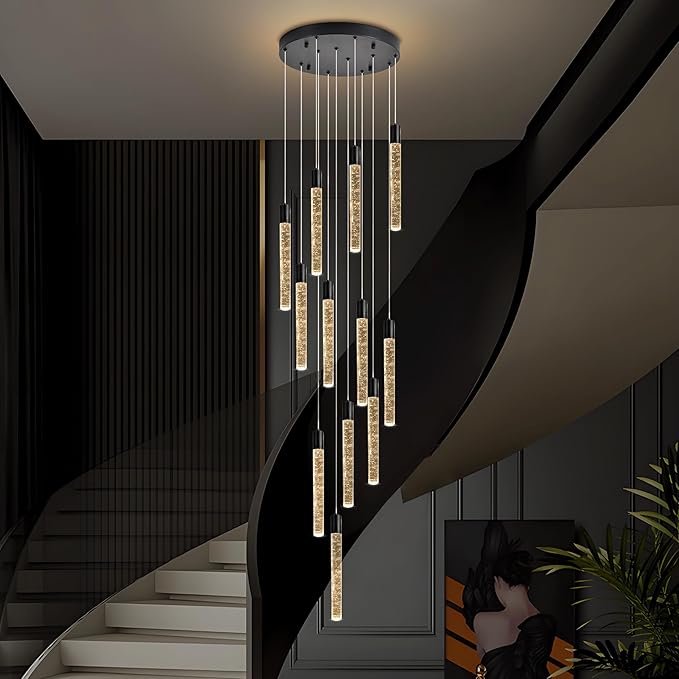 12-Lights Bubble Chandelier for Entryway High Ceiling-137 Height Adjustable Crystal Chandelier,3 Color Temperature Dimmable LED Pendant Light Fixture for Foyer Living Room Staircase,Matte Black
