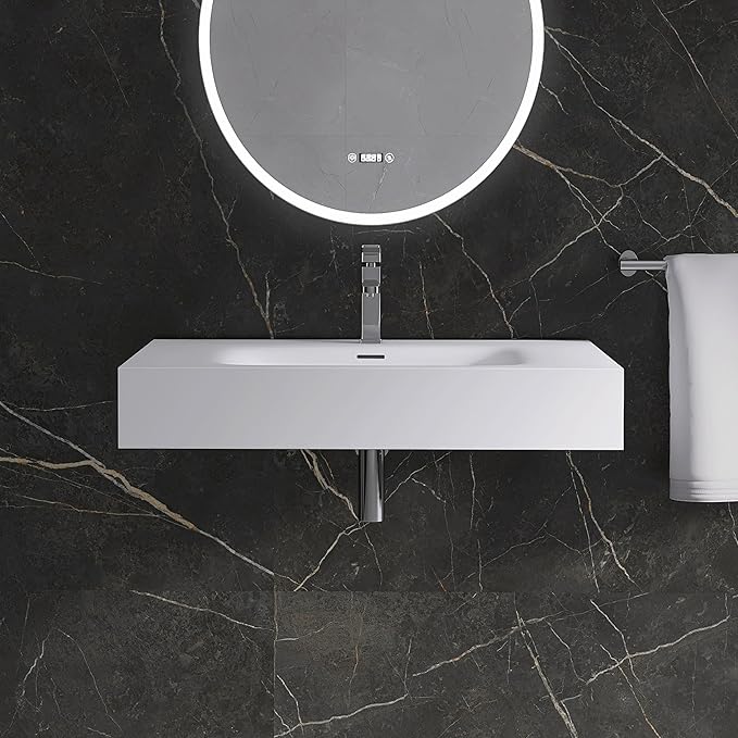 Wall Mount Bathroom Sink 31.9"L x 18"W x 5"H, Resin Stone Floating Sink with Single Facuet Hole, Rectangle Countertop Freestanding Vessel Sinks
