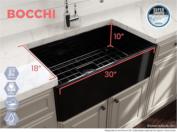 BOCCHI Classico Farmhouse Apron Front Fireclay 30 in. Single Bowl Kitchen Sink with Protective Bottom Grid and Strainer in Black