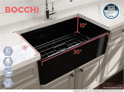BOCCHI Classico Farmhouse Apron Front Fireclay 30 in. Single Bowl Kitchen Sink with Protective Bottom Grid and Strainer in Black