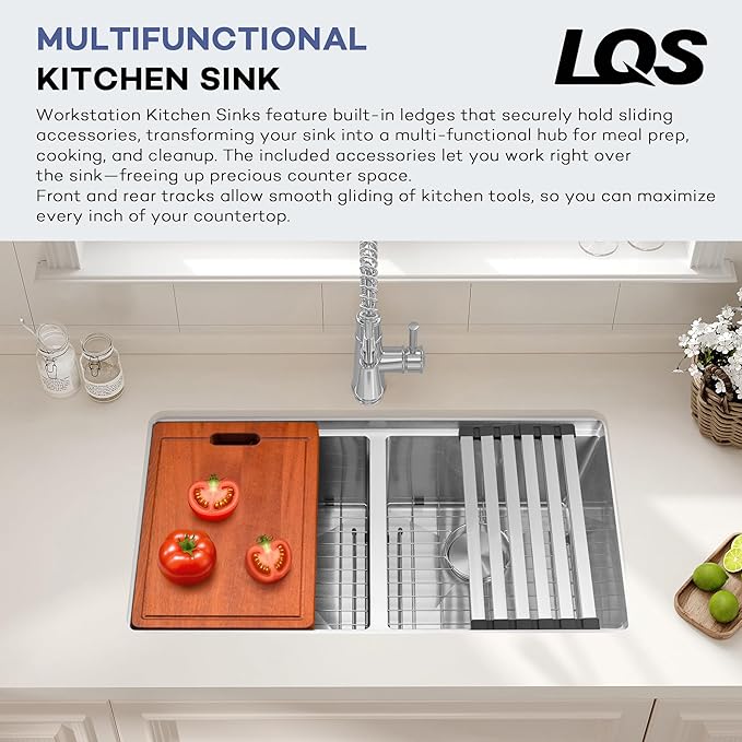 LQS 30 Inch Kitchen Sink Stainless Steel, Undermount Double Bowl Kitchen Sink, 50/50 Stainless Steel 16 Gauge Top-Grade with Fordable Roll-Up Drying Rack, Built-In Accessories and X-Shaped Drain Line