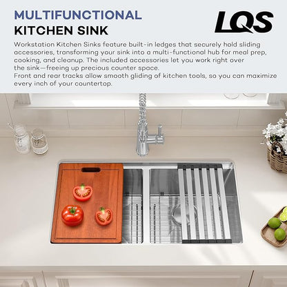 LQS 30 Inch Kitchen Sink Stainless Steel, Undermount Double Bowl Kitchen Sink, 50/50 Stainless Steel 16 Gauge Top-Grade with Fordable Roll-Up Drying Rack, Built-In Accessories and X-Shaped Drain Line