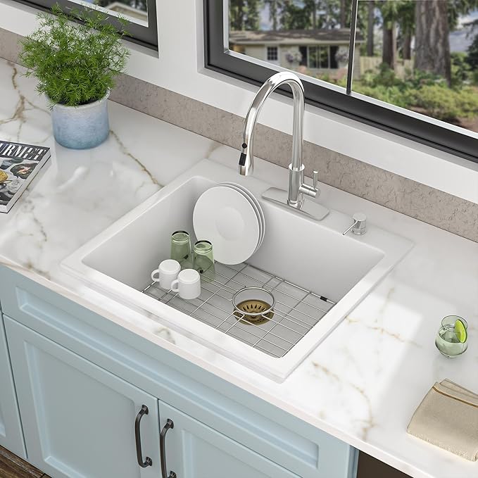 25"×22" Granite Composite Kitchen Sink - White Granite Kitchen Sink Drop In Top Mount Quartz Classic Above Counter Single Bowl Basin
