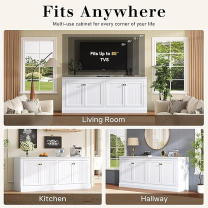 AMERLIFE 72" Farmhouse Sideboard Buffet Cabinet with Barn Doors, Storage Console Table with Adjustable Shelves, Coffee Bar/TV Stand for Living Room, Kitchen, Entryway, White