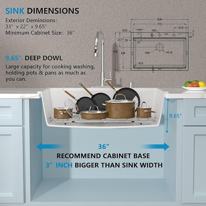 33"x22" Granite Composite Kitchen Sink - Ledge Workstation Drop In Topmount White Quartz Classic Above Counter Single Bowl Basin