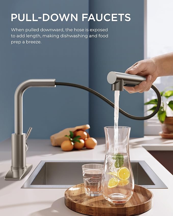 FORIOUS Kitchen Faucets with Pull Down Sprayer, Brushed Nickel Stainless Steel, Single Handle Classic Pull Out Sink Faucet for Farmhouse Bar Laundry RV, with Deck Plate for 1 or 3 Holes