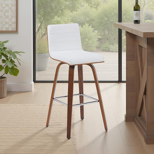Armen Living Vienna Modern Swivel 30" Bar Height Barstool with White Faux Leather and Walnut Wood Finish