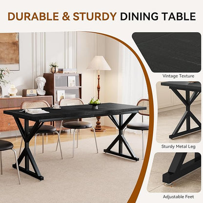 Farmhouse Dining Table for 6 People, 70.8 Inch Rectangular Wood Dining Table, Rustic Kitchen Table with Extra Heavy Duty Metal Legs for Dining Room-Black