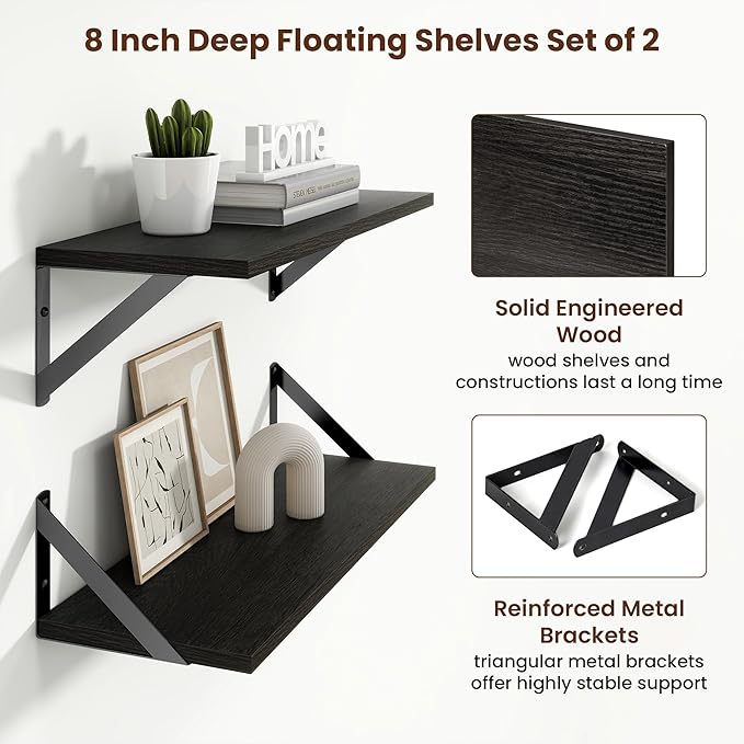Axeman 20 Inch Floating Shelves | 8 Inch Deep Black Wall Shelves Set of 2 | 20''W x 8''D Black Wood Shelves for Bathroom Living Room Bedroom Kitchen