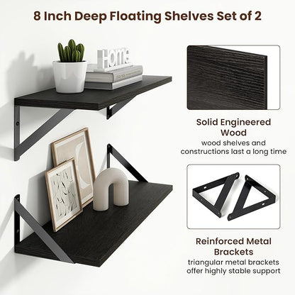 Axeman 20 Inch Floating Shelves | 8 Inch Deep Black Wall Shelves Set of 2 | 20''W x 8''D Black Wood Shelves for Bathroom Living Room Bedroom Kitchen
