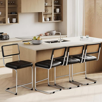 Alunaune 24inch Mid Century Black Bar Stools Set of 4, Upholstered Modern Counter Height Bar Stools Natural Rattan Dining Chairs Side Kitchen Chair with Metal Chrome Legs-PU Seat