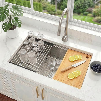 33 Inch Undermount Kitchen Sink, NANO-PVD 304 Stainless Steel Kitchen Sinks, 16 Gauge Deep Single Bowl Workstation Sink with Ledge & Accessories, 33"x19"x9" Deep and Large Basin