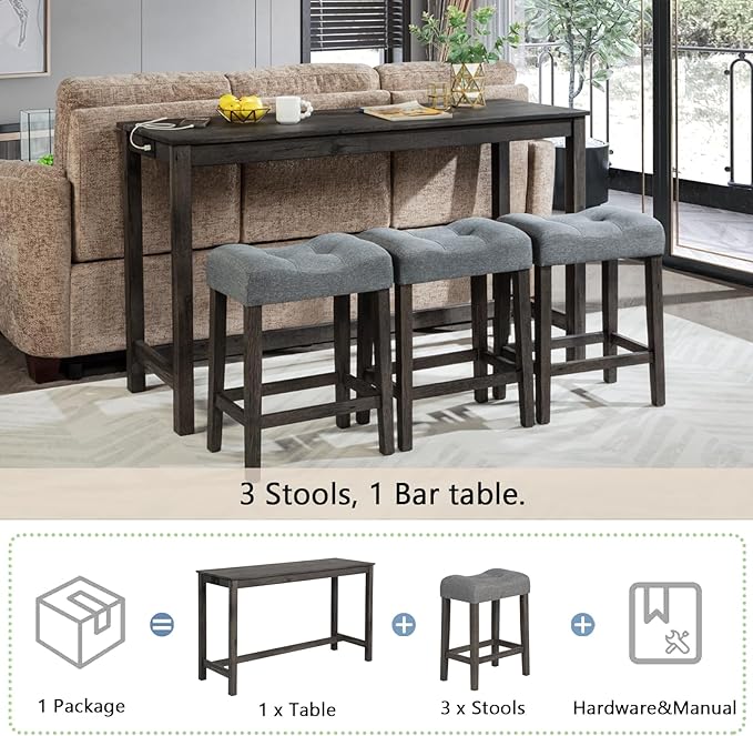 4-Piece Wooden Counter Height Dining Set w/ 3 Padded Stools, 59" Farmhouse Bar Table Set with Charging Station (USB & Power Outlet), Kitchen Island Table Barstools for Small Space, Grey