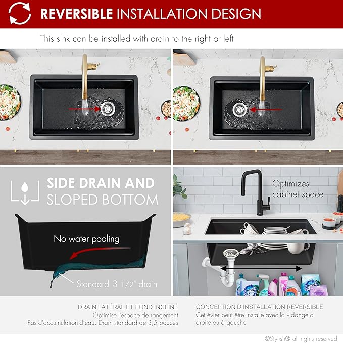 Stylish 28 x 18 Inch Composite Granite Workstation Kitchen Sink, Single Bowl Under Mount & Drop in, 9.5 in Deep, with Bamboo Cutting Board, Roll-Up Drying Rack, Colander & Strainer, Black, S-828WN