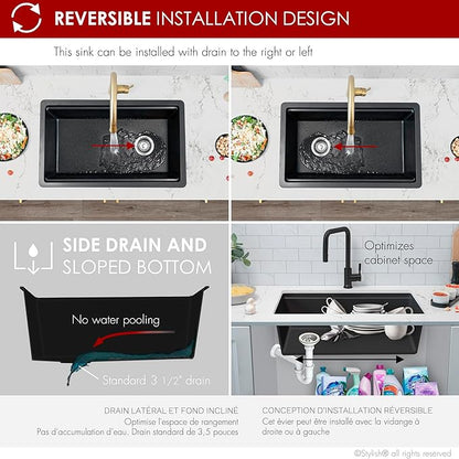 Stylish 28 x 18 Inch Composite Granite Workstation Kitchen Sink, Single Bowl Under Mount & Drop in, 9.5 in Deep, with Bamboo Cutting Board, Roll-Up Drying Rack, Colander & Strainer, Black, S-828WN
